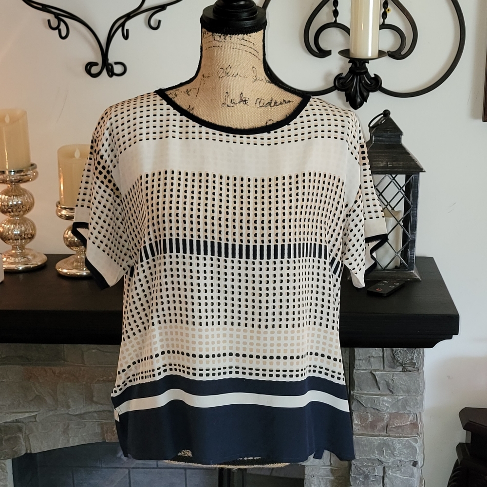 Vince Coastal Navy Geometric Pattern Silk Blouse